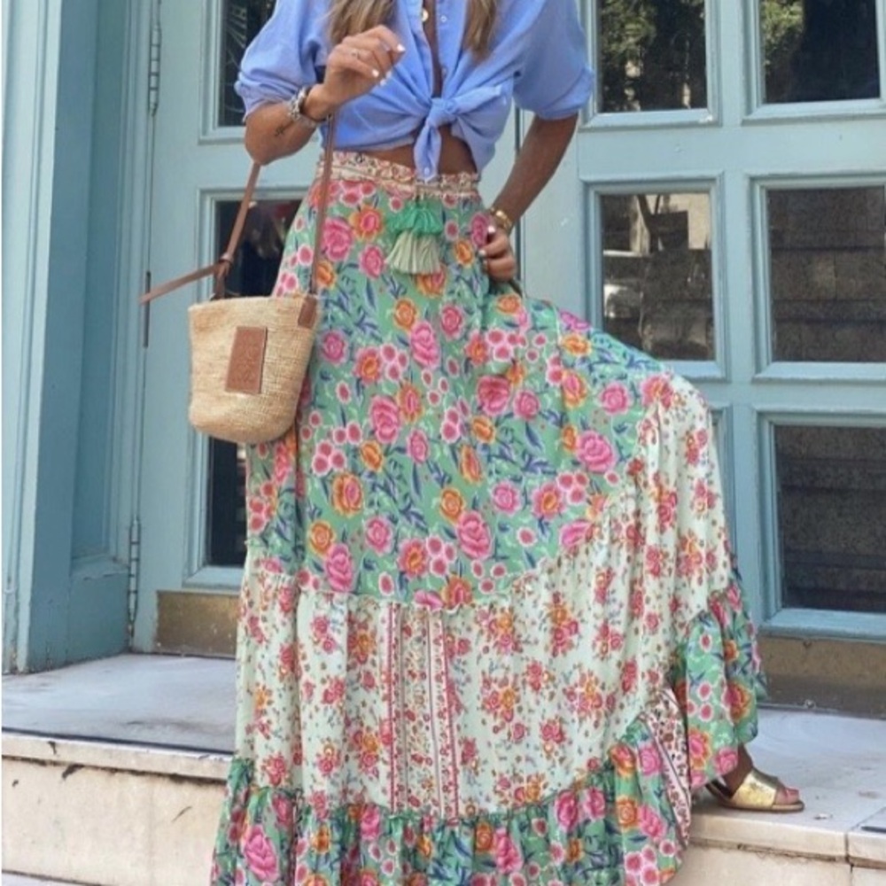 Pink and Green Tiered Maxi Skirt for Resort Wear